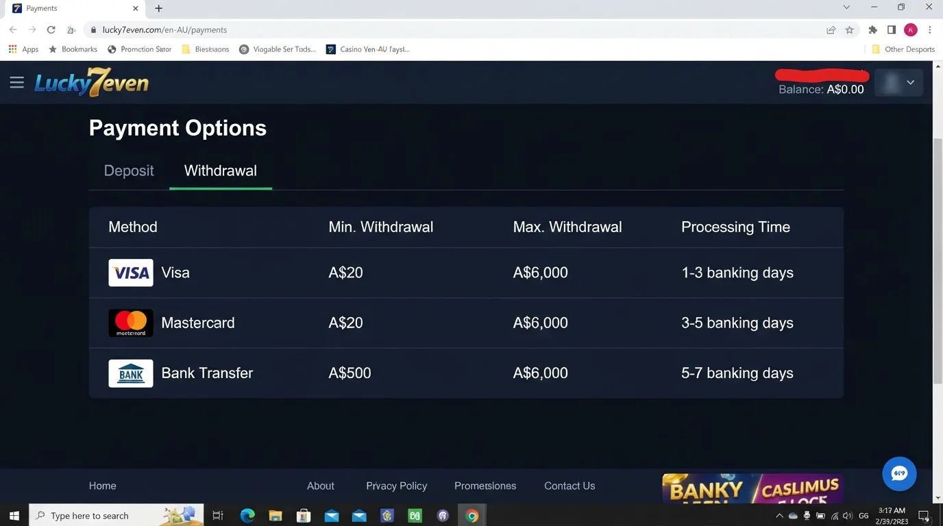 Lucky7even Australia withdrawal table with cards, bank transfer and processing times
