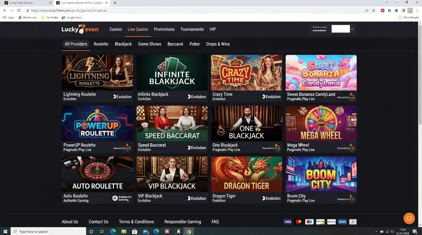 Lucky7even Australia live casino lobby showing current live categories and provider-labelled games